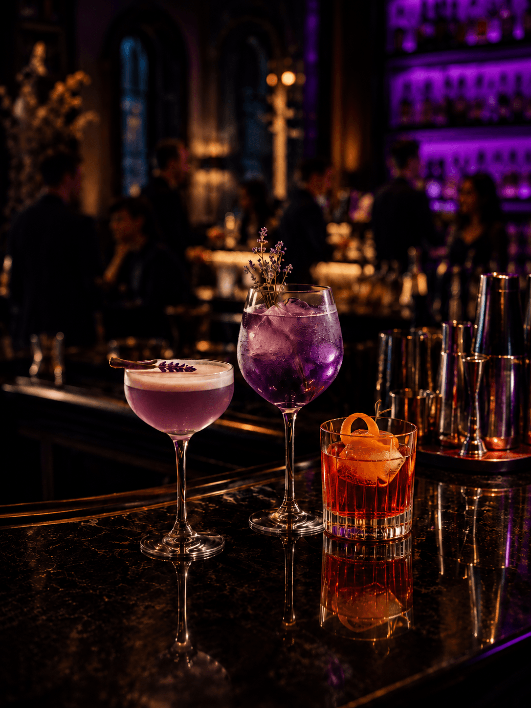 Cocktails on the bar during a dinner rush, back bar glowing purple