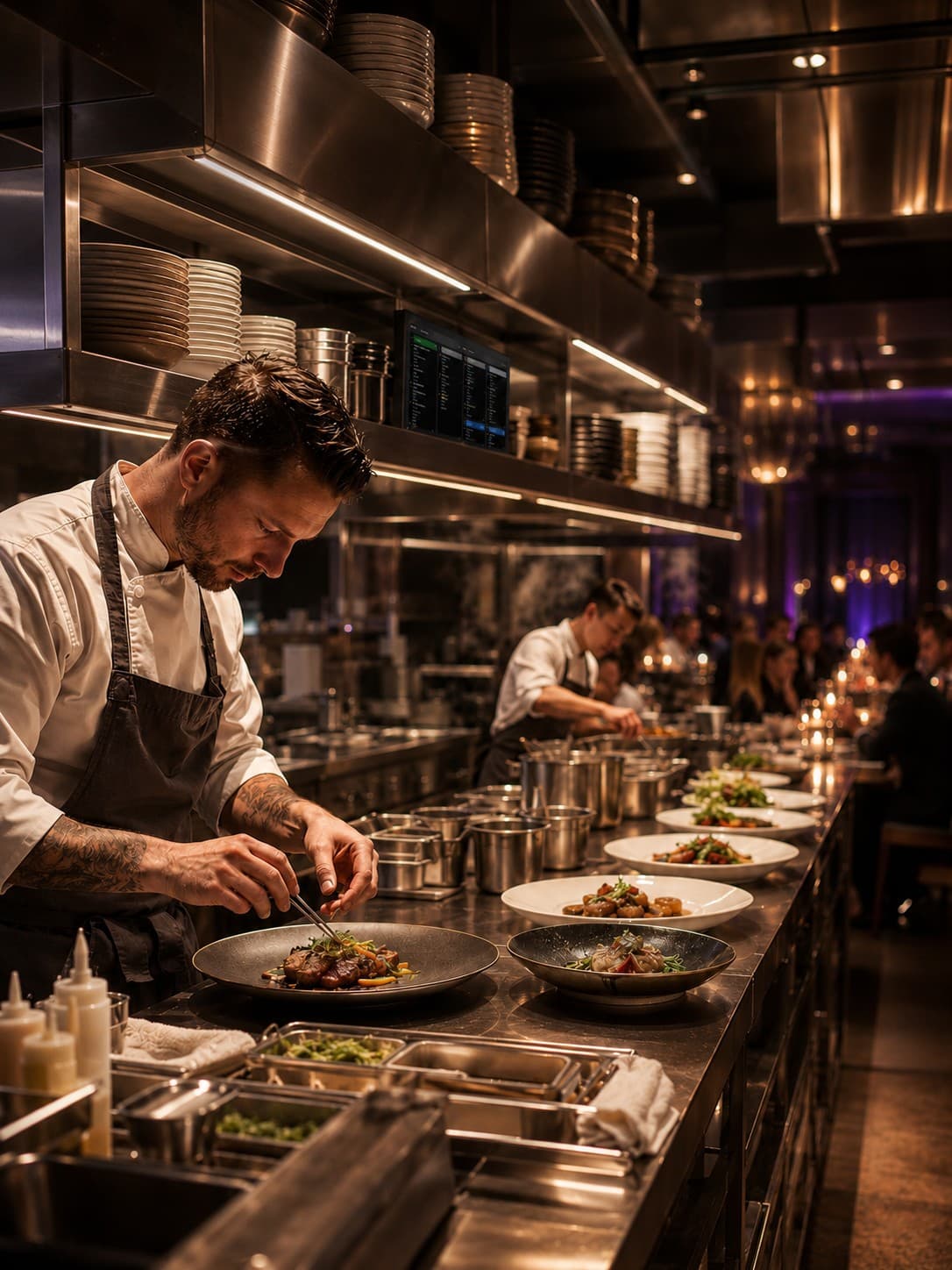 Clover kitchen display system over the pass in an upscale kitchen